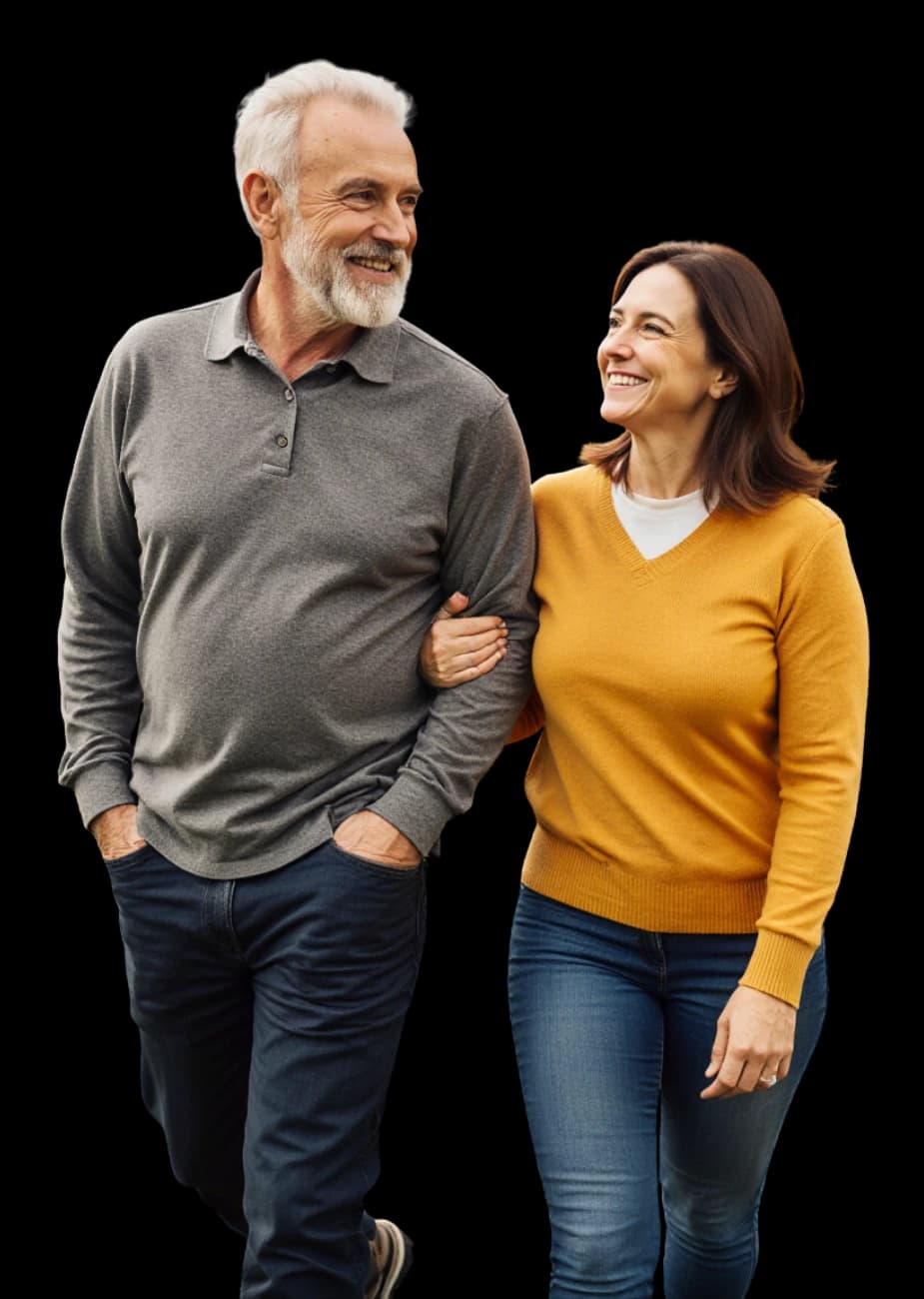 Middle-aged man and woman walking representing hormone therapy success
